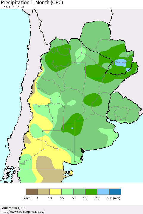 Southern South America Precipitation 1-Month (CPC) Thematic Map For 1/1/2020 - 1/31/2020