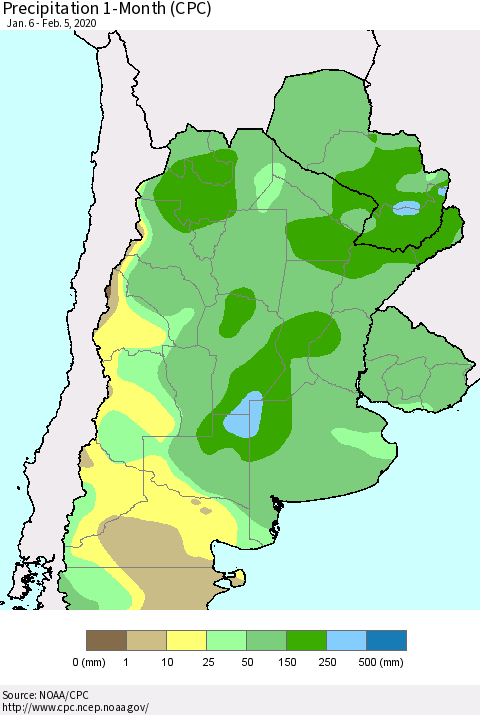 Southern South America Precipitation 1-Month (CPC) Thematic Map For 1/6/2020 - 2/5/2020