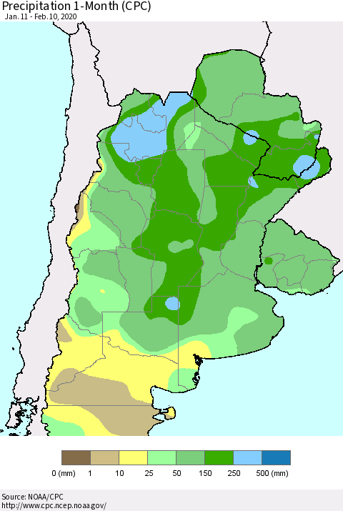Southern South America Precipitation 1-Month (CPC) Thematic Map For 1/11/2020 - 2/10/2020