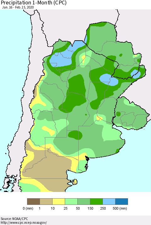 Southern South America Precipitation 1-Month (CPC) Thematic Map For 1/16/2020 - 2/15/2020