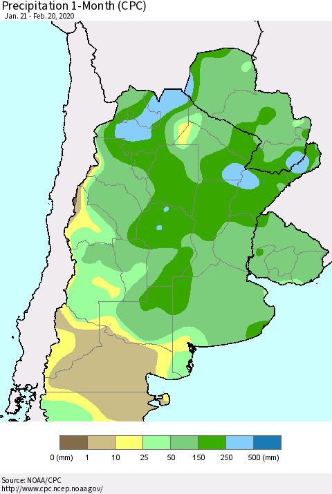 Southern South America Precipitation 1-Month (CPC) Thematic Map For 1/21/2020 - 2/20/2020