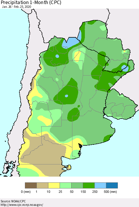Southern South America Precipitation 1-Month (CPC) Thematic Map For 1/26/2020 - 2/25/2020