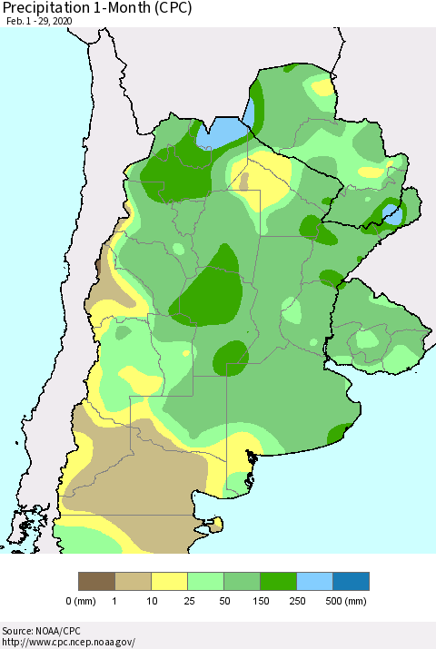 Southern South America Precipitation 1-Month (CPC) Thematic Map For 2/1/2020 - 2/29/2020