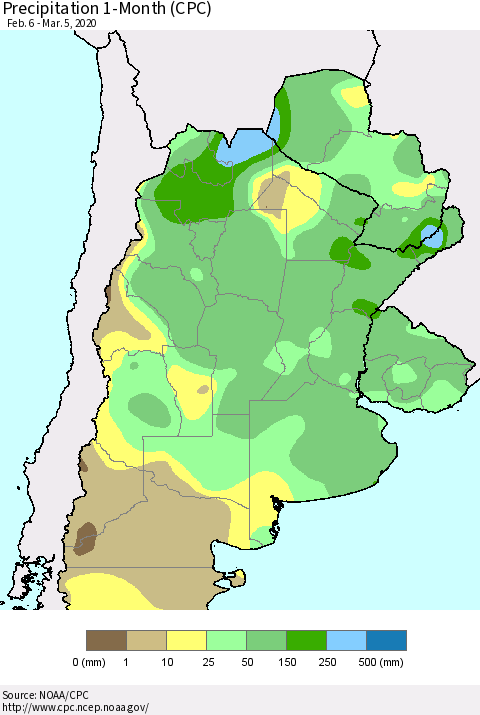 Southern South America Precipitation 1-Month (CPC) Thematic Map For 2/6/2020 - 3/5/2020