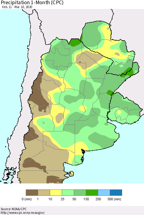 Southern South America Precipitation 1-Month (CPC) Thematic Map For 2/11/2020 - 3/10/2020
