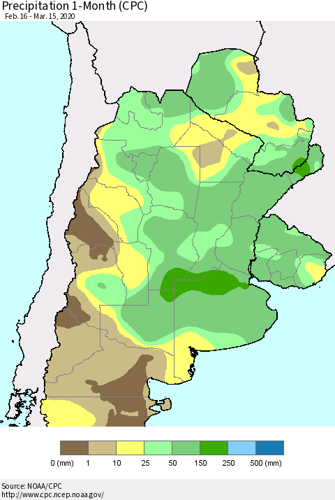 Southern South America Precipitation 1-Month (CPC) Thematic Map For 2/16/2020 - 3/15/2020