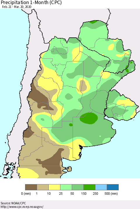 Southern South America Precipitation 1-Month (CPC) Thematic Map For 2/21/2020 - 3/20/2020