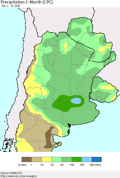 Southern South America Precipitation 1-Month (CPC) Thematic Map For 3/1/2020 - 3/31/2020