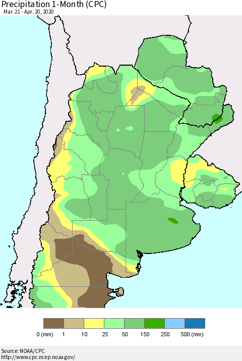 Southern South America Precipitation 1-Month (CPC) Thematic Map For 3/21/2020 - 4/20/2020
