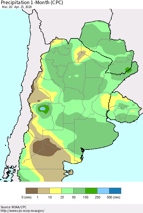 Southern South America Precipitation 1-Month (CPC) Thematic Map For 3/26/2020 - 4/25/2020