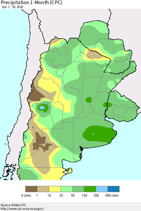 Southern South America Precipitation 1-Month (CPC) Thematic Map For 4/1/2020 - 4/30/2020