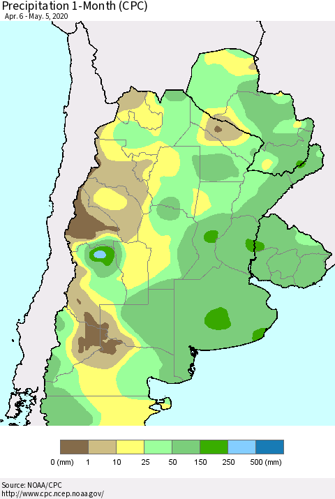 Southern South America Precipitation 1-Month (CPC) Thematic Map For 4/6/2020 - 5/5/2020