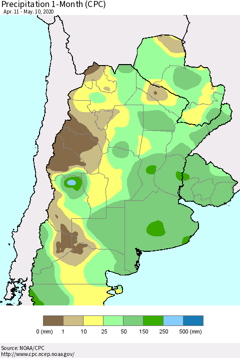 Southern South America Precipitation 1-Month (CPC) Thematic Map For 4/11/2020 - 5/10/2020
