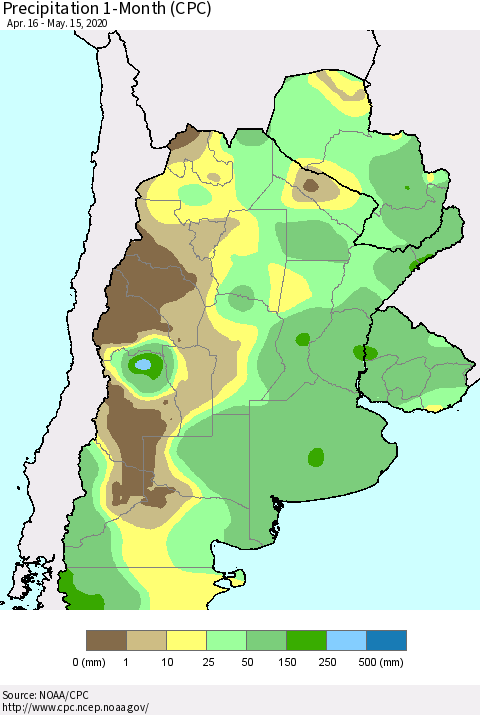 Southern South America Precipitation 1-Month (CPC) Thematic Map For 4/16/2020 - 5/15/2020