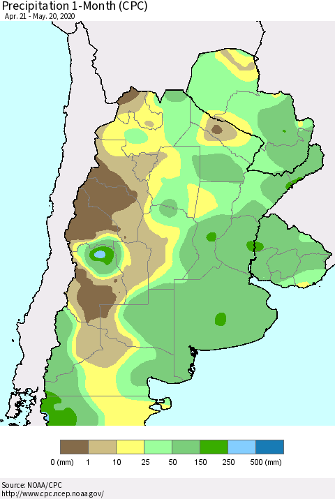 Southern South America Precipitation 1-Month (CPC) Thematic Map For 4/21/2020 - 5/20/2020