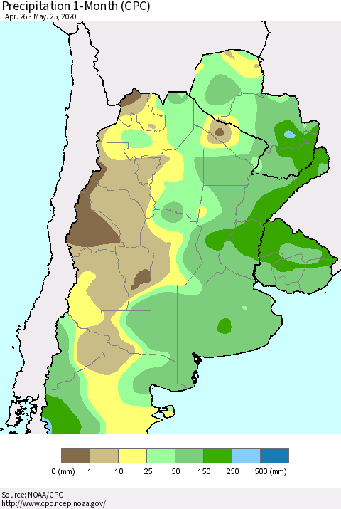 Southern South America Precipitation 1-Month (CPC) Thematic Map For 4/26/2020 - 5/25/2020