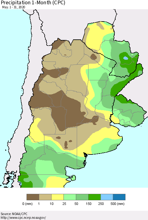 Southern South America Precipitation 1-Month (CPC) Thematic Map For 5/1/2020 - 5/31/2020