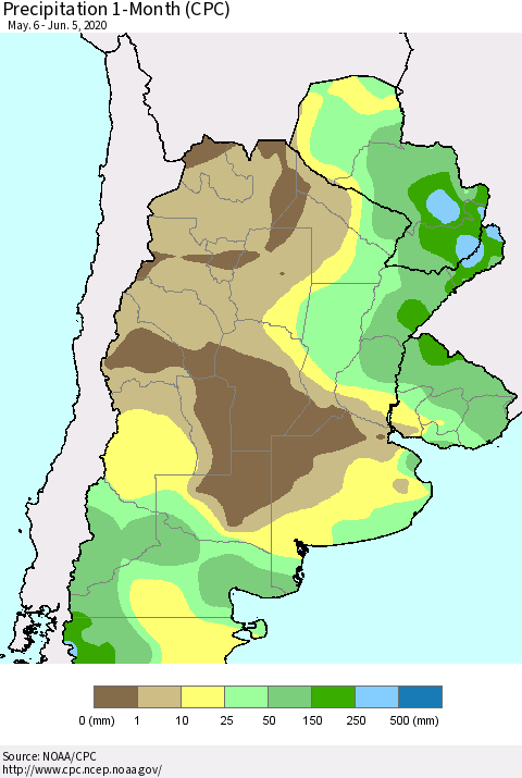 Southern South America Precipitation 1-Month (CPC) Thematic Map For 5/6/2020 - 6/5/2020
