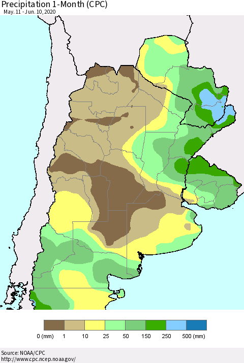Southern South America Precipitation 1-Month (CPC) Thematic Map For 5/11/2020 - 6/10/2020