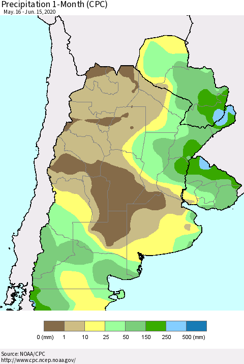 Southern South America Precipitation 1-Month (CPC) Thematic Map For 5/16/2020 - 6/15/2020
