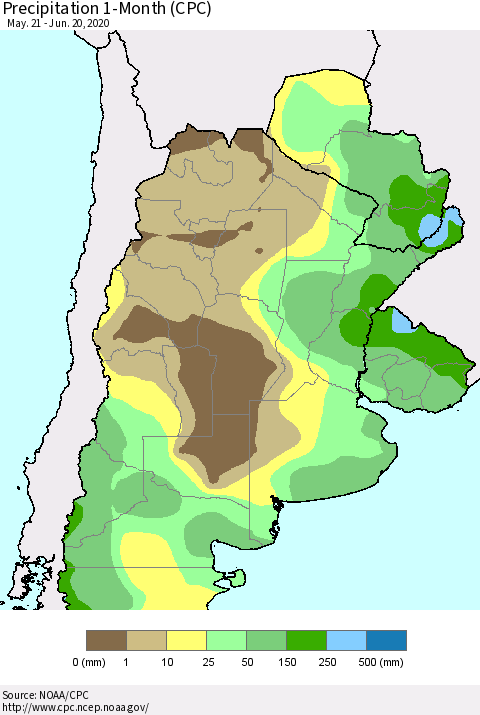 Southern South America Precipitation 1-Month (CPC) Thematic Map For 5/21/2020 - 6/20/2020