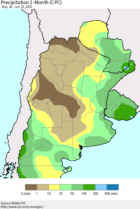 Southern South America Precipitation 1-Month (CPC) Thematic Map For 5/26/2020 - 6/25/2020