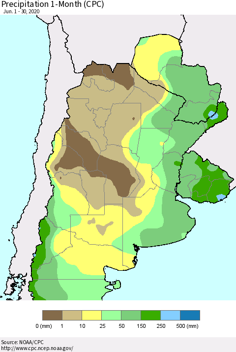 Southern South America Precipitation 1-Month (CPC) Thematic Map For 6/1/2020 - 6/30/2020