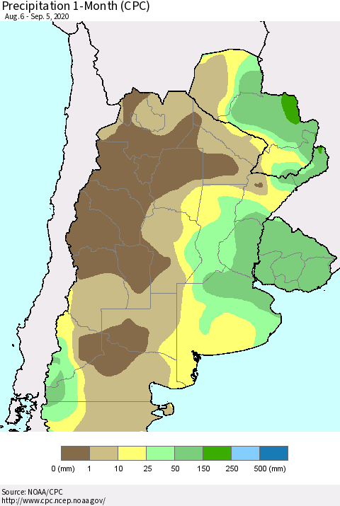 Southern South America Precipitation 1-Month (CPC) Thematic Map For 8/6/2020 - 9/5/2020