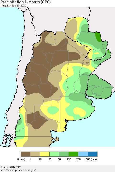 Southern South America Precipitation 1-Month (CPC) Thematic Map For 8/11/2020 - 9/10/2020