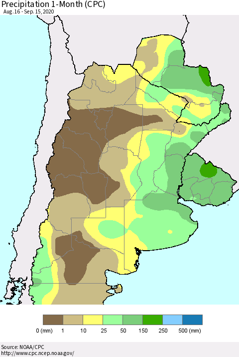 Southern South America Precipitation 1-Month (CPC) Thematic Map For 8/16/2020 - 9/15/2020