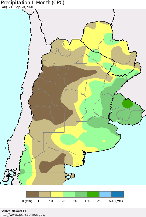 Southern South America Precipitation 1-Month (CPC) Thematic Map For 8/21/2020 - 9/20/2020