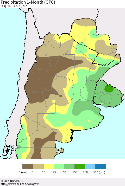 Southern South America Precipitation 1-Month (CPC) Thematic Map For 8/26/2020 - 9/25/2020