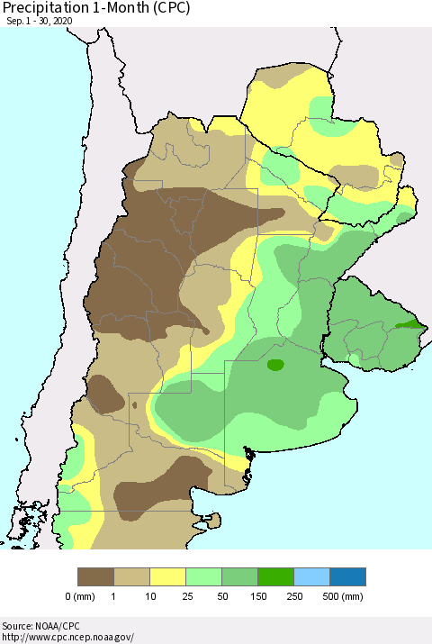 Southern South America Precipitation 1-Month (CPC) Thematic Map For 9/1/2020 - 9/30/2020