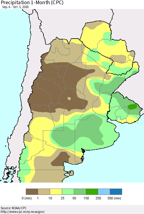 Southern South America Precipitation 1-Month (CPC) Thematic Map For 9/6/2020 - 10/5/2020