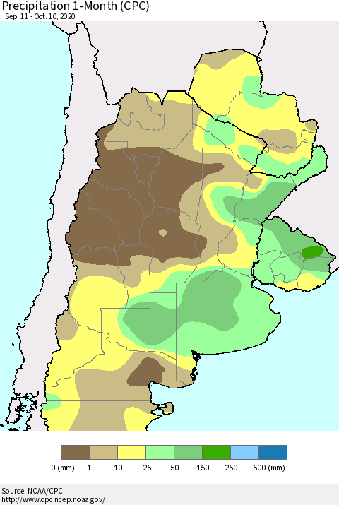 Southern South America Precipitation 1-Month (CPC) Thematic Map For 9/11/2020 - 10/10/2020