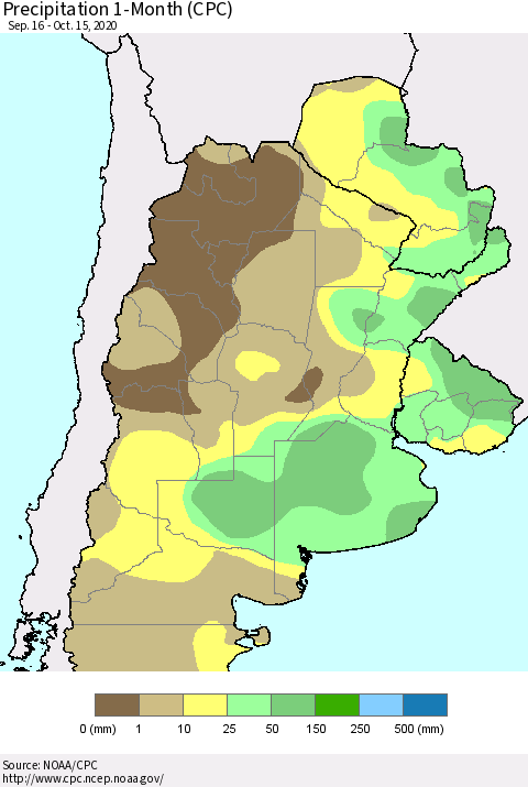 Southern South America Precipitation 1-Month (CPC) Thematic Map For 9/16/2020 - 10/15/2020