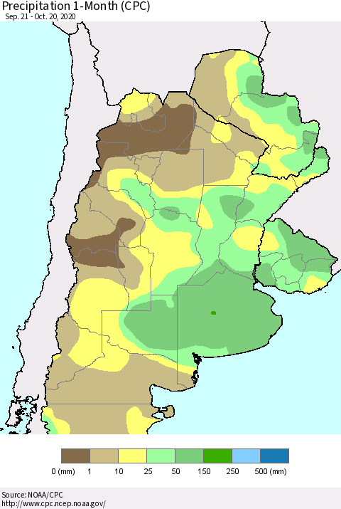 Southern South America Precipitation 1-Month (CPC) Thematic Map For 9/21/2020 - 10/20/2020
