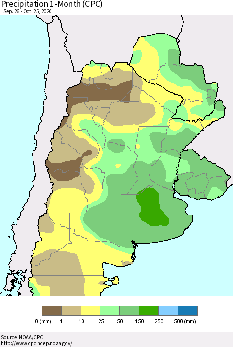 Southern South America Precipitation 1-Month (CPC) Thematic Map For 9/26/2020 - 10/25/2020