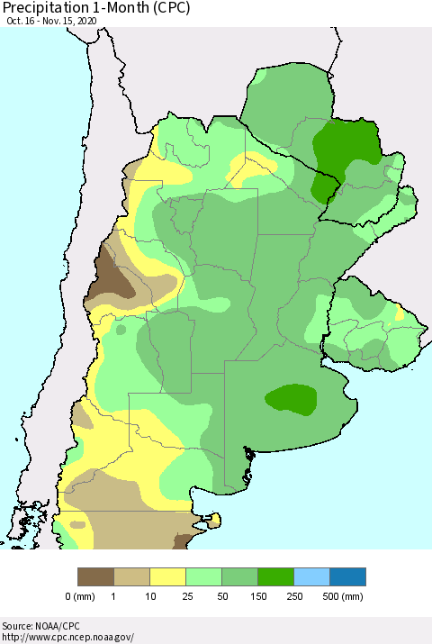 Southern South America Precipitation 1-Month (CPC) Thematic Map For 10/16/2020 - 11/15/2020