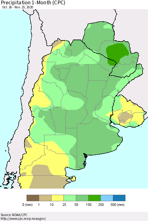 Southern South America Precipitation 1-Month (CPC) Thematic Map For 10/26/2020 - 11/25/2020