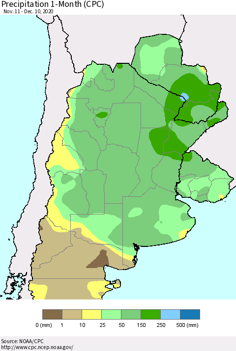 Southern South America Precipitation 1-Month (CPC) Thematic Map For 11/11/2020 - 12/10/2020