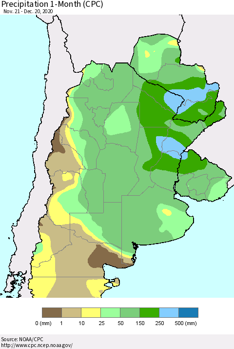 Southern South America Precipitation 1-Month (CPC) Thematic Map For 11/21/2020 - 12/20/2020