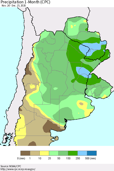 Southern South America Precipitation 1-Month (CPC) Thematic Map For 11/26/2020 - 12/25/2020
