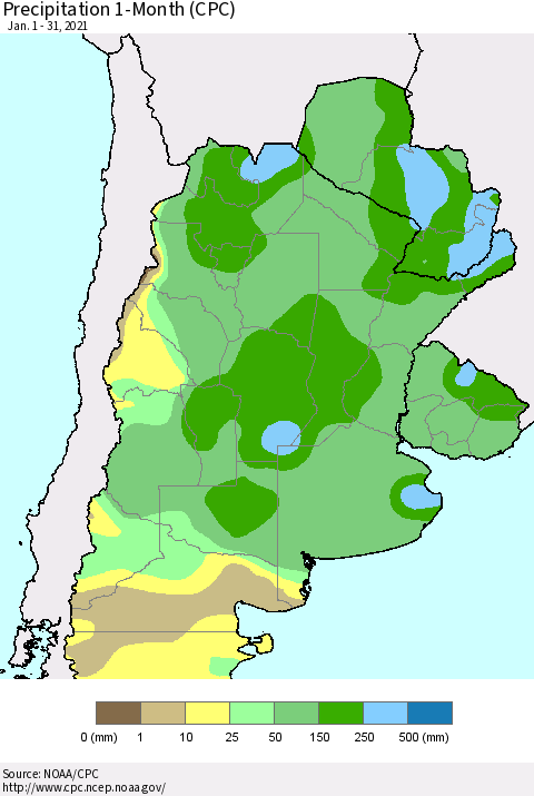 Southern South America Precipitation 1-Month (CPC) Thematic Map For 1/1/2021 - 1/31/2021