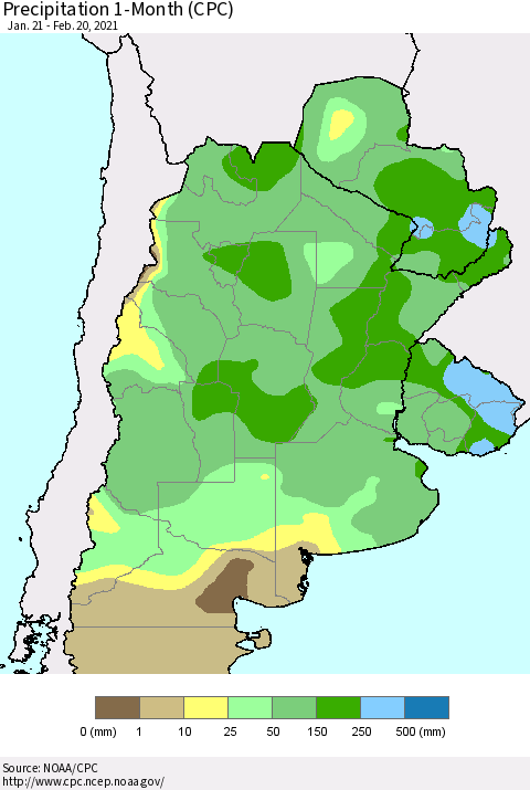 Southern South America Precipitation 1-Month (CPC) Thematic Map For 1/21/2021 - 2/20/2021