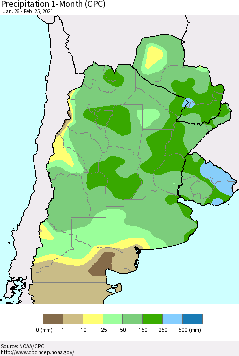 Southern South America Precipitation 1-Month (CPC) Thematic Map For 1/26/2021 - 2/25/2021