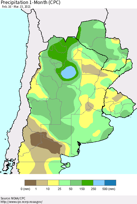 Southern South America Precipitation 1-Month (CPC) Thematic Map For 2/16/2021 - 3/15/2021