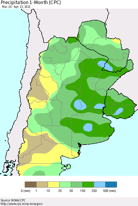 Southern South America Precipitation 1-Month (CPC) Thematic Map For 3/16/2021 - 4/15/2021
