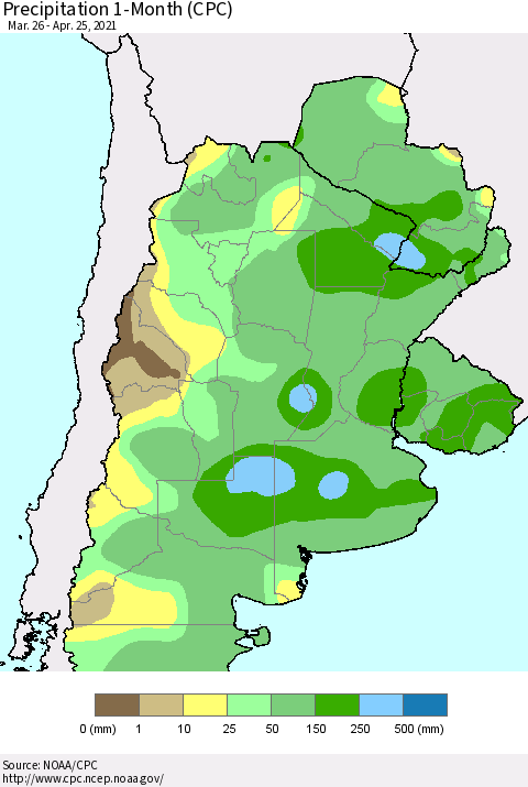 Southern South America Precipitation 1-Month (CPC) Thematic Map For 3/26/2021 - 4/25/2021