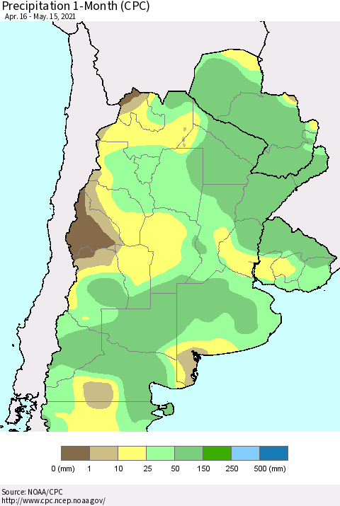 Southern South America Precipitation 1-Month (CPC) Thematic Map For 4/16/2021 - 5/15/2021